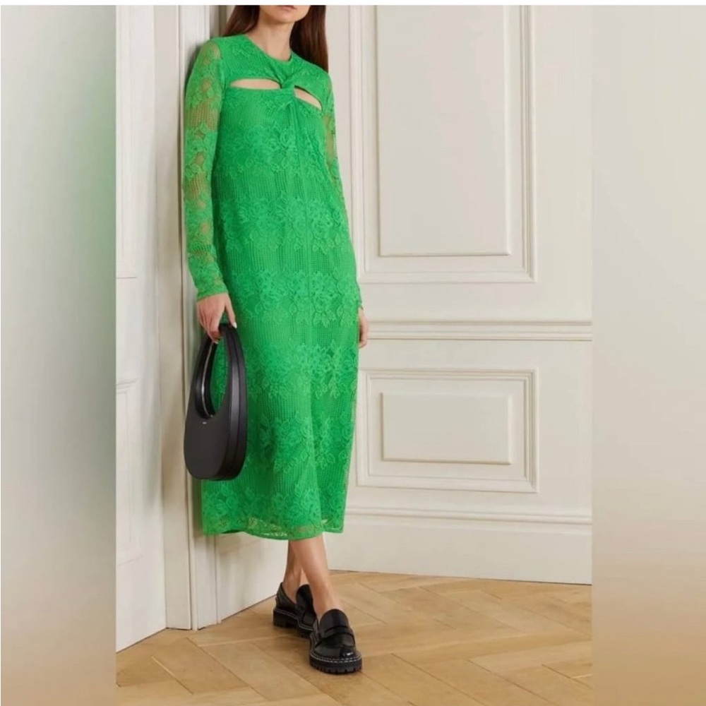 Ganni Vibrant Green Lace Midi Dress with Keyhole Details